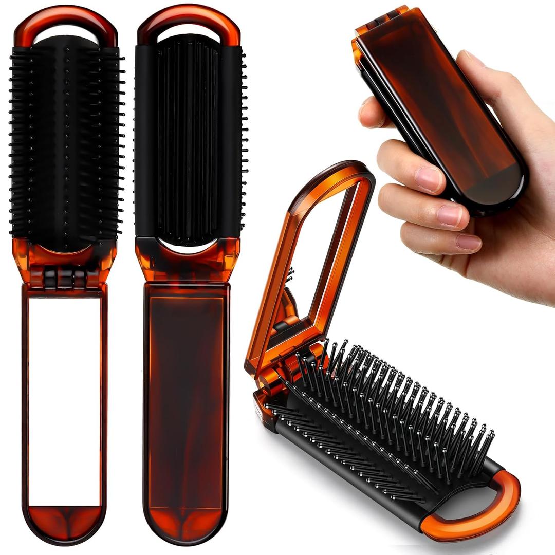 Nuenen 4 Pcs Folding Hair Brush with Mirror Portable Mini Hair Brush Small Compact Pocket Comb for Family Travel Car Gym Wig Bag Purse Gift Women(Tortoiseshell)