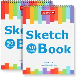 9" x 12" Sketch Book, 2-Pack 50 Sheets Spiral Bound Art Sketchbook, Acid Free Artist Drawing Book Paper, Art Supplies for Adults Kids, Craft Activities, Sketch Paper for Drawing Coloring Sketching