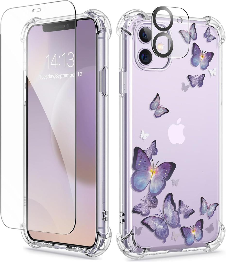 GVIEWIN for iPhone 11 Case Floral, with Screen Protector&Camera Lens Protector,[Non Yellowing] Soft Shockproof Clear Phone Protective Cover for Women, Flower Pattern Design 6.1"(Alluring Butterfly)