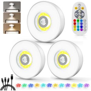 Under Cabinet Lighting, 3 Pack Rechargeable Stick on Lights with Remote, 3 Color Temps &12 RGB LED Motion Sensor Lights Indoor, Dimmable Magnetic Under Counter Lights for Kitchen, Shelf