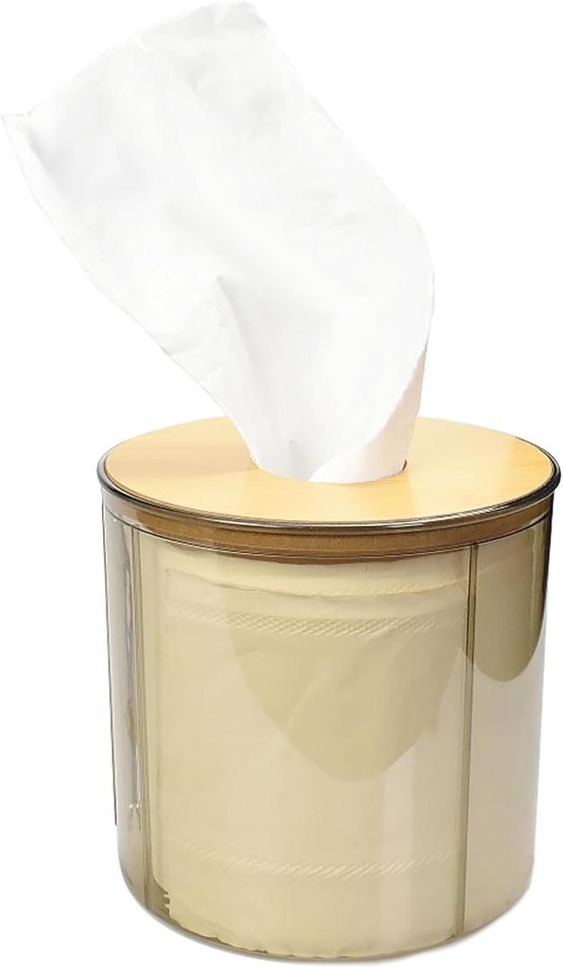 Tissue Box Cover, Bamboo Dryer Sheet Holder, Rectangular/Round Dryer Sheet Dispenser for Storage on Bathroom Vanity, Countertop, Bedroom Dresser (Round/Gray)