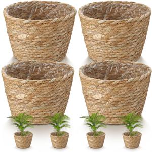 4 Pcs Straw Plant Baskets Indoor Rattan Woven Flower Baskets with Plastic Liner, Cattail Plant Planter for Indoor Outdoor Rustic Boho Home Farmhouse Floor Potted Pots Decor