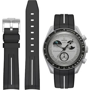 Bands for Moonswatch Watch,Curved No Gap Rubber Strap Compatible with Omega X Swatch Moonswatch Speedmaster/Rolex/SEIKO 20mm Watch,Swatch Omega Moonswatch Speedmaster Watch Replacement Band Men Women (Black white line)