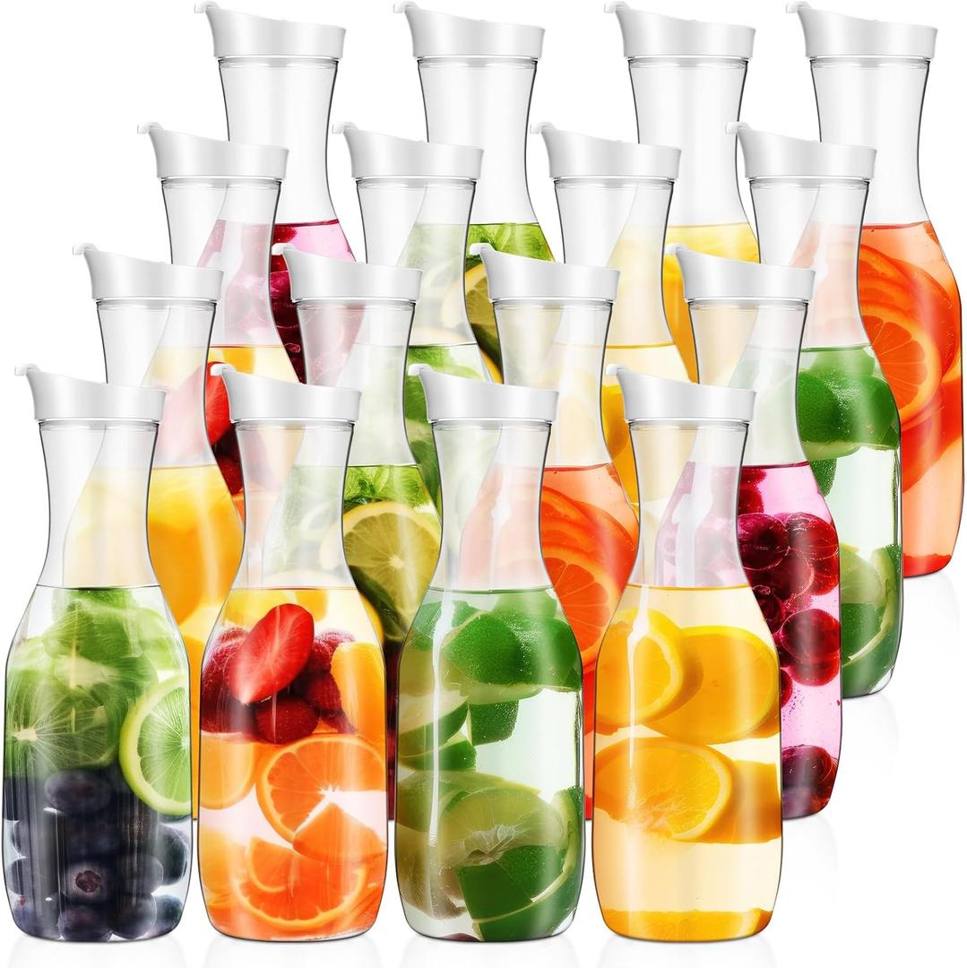 Skylety 16 Pcs 50 oz Clear Water Carafe with Flip Top Lid, Plastic Juice Containers Mimosa Bar Supplies Beverage Pitcher for Water, Juice, Iced Tea, Milk, Lemonade and Other Beverages (White)