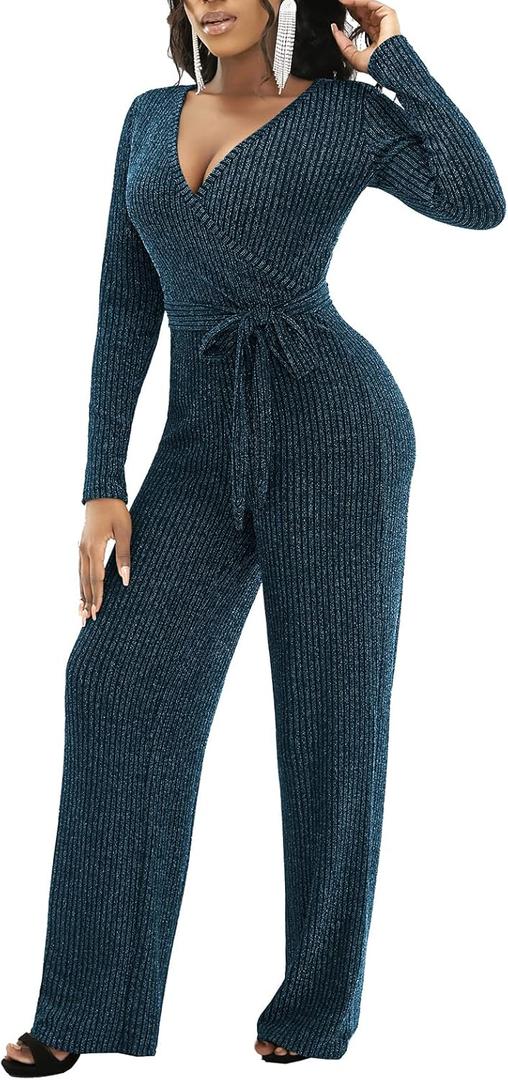 LightlyKiss Women's casual sexy V-neck sparkling jumpsuit long sleeve loose jumpsuits Fashion Club party Rompers with belt (Large)