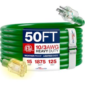 50ft Outdoor/Indoor Extension Cord 10/3 Gauge Ultra Heavy Duty 3 Prong SJTW, Waterproof, ETL Listed, Flexible Cold-Resistant Long Power Cord,15A 125V 1875W, Green by LifeSupplyUSA