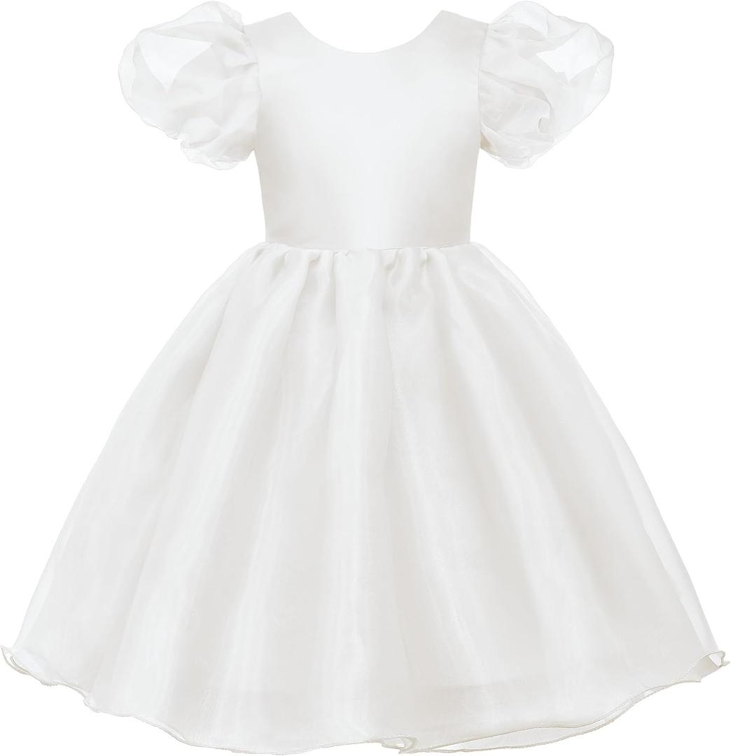Uhnice Flower Girl Tulle Dress Toddler Puff Sleeve V-Back Dresses for Wedding Party (White, Small)