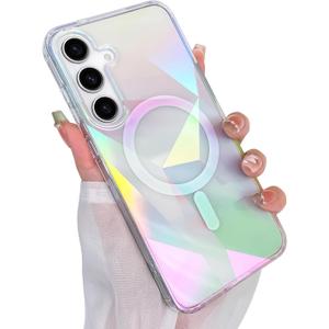 Cute Case for Samsung Galaxy S24 FE Case for Women Girls [ Compatible with Magsafe ] Clear Glitter Girly Aesthetic Rainbow Sparkly Bling Magnetic Phone Cover, Iridescent Geometry