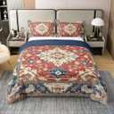 100% Cotton Ethnic Duvet Cover Queen, Red Boho Bedding Set, Southwest Farmhouse Bohemian Floral Abstract Comforter Cover, Orange Geometric Exotic Tribal Flower Bedroom Decor Quilt Cover (Multi 22)