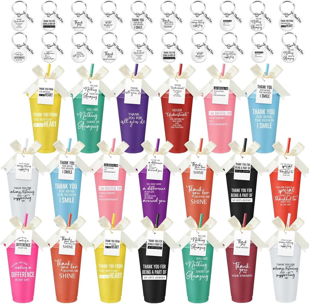 20 Pack Employee Appreciation Gifts Cup Bulk, 24oz Thank You Plastic Tumblers with Lids Straws Keychains, Party Favors for Staff, Coworkers, Team, Teachers(Thanks)
