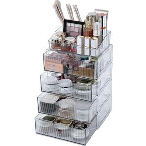 5-Tiers Makeup Organizer with Drawer for Vanity, Stackable Bathroom Storage Box for Beauty Essentials, Skincare Products, Cosmetic Brushes, Perfume Stand, Clear Lipsticks Holder