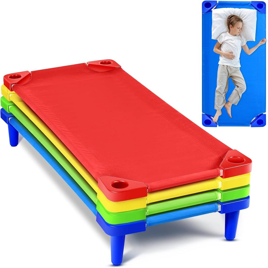 4 Pcs Stackable Daycare Cots for Toddler 54" l x 23" W Kids Cots for Sleeping Portable Kids Bed Furniture Bed Frames Headboards Footboards for Classroom Preschool (Multicolor), 54" L x 23" W x 6.3" H
