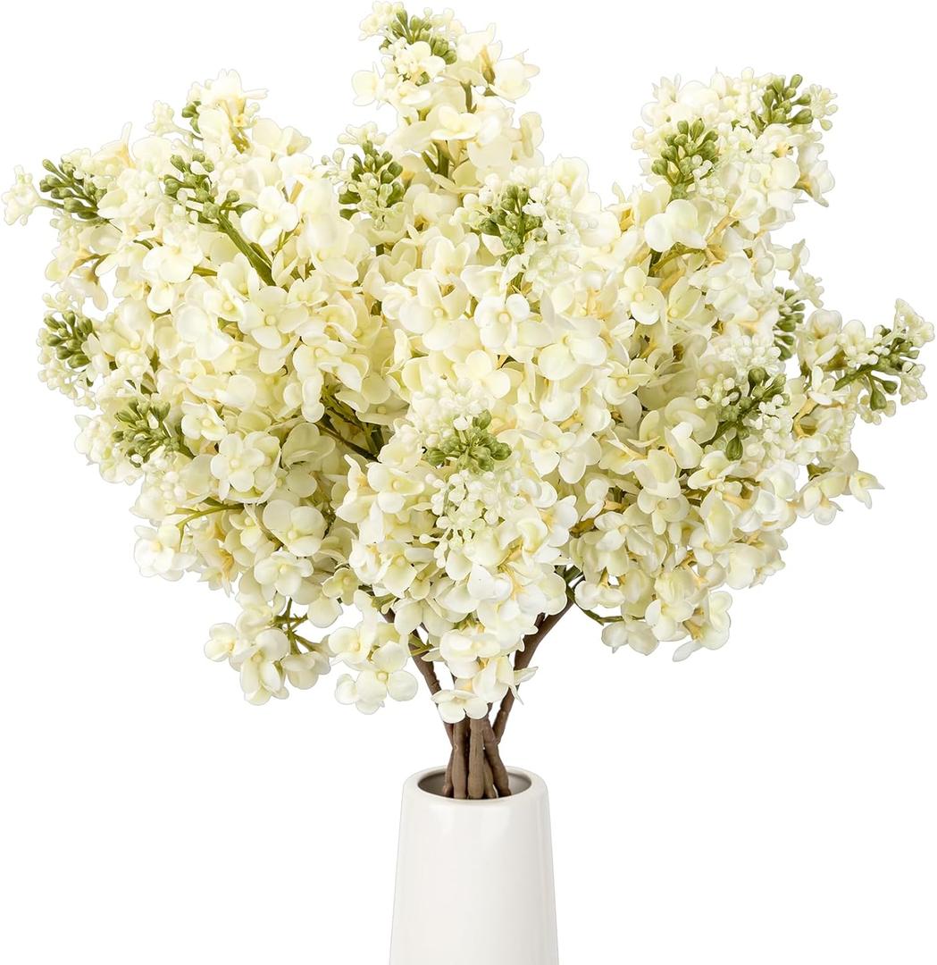 4PCS 25.6inch Lilac Artificial Flowers White Fake Delphinium Long Stem Silk Real Touch Flower Faux Lilac Floral Arrangement for Tall Vase Table Centerpieces Wedding Garden Home DecorationWhite