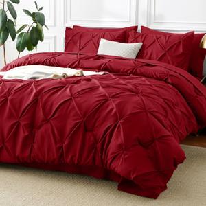 CozyLux King Size Comforter Set Dark Red, 7 Pieces Pintuck Bed in A Bag Red Comforter King Size, Pinch Pleat Bedding Set with All-Season Comforter, Sheets, Pillowcases & Shams