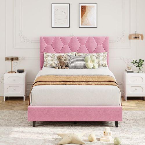 Garvee Twin Platform Bed Frame with Velvet Upholstered Headboard, Wooden Slats Support, Pink, No Box Spring Needed, Easy Assembly