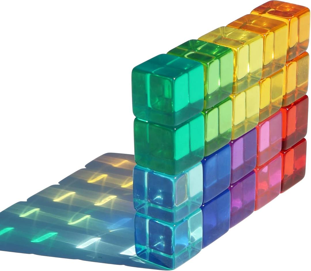 Candywood Rainbow Acrylic Gem Cubes Blocks Children Educational Sensory Training Crystal Toys Baby Learn Color Light Shadow Stacking Toys (20-Pcs)