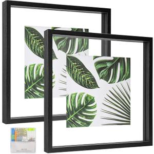 MUYE 12x12 Floating Frames Set of 2,Double Glass Picture Frame Display Any Size Photo up to 12x12,Wall Mount or Tabletop Standing,Black