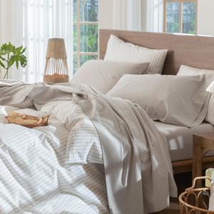 MooMee Sheet Set 100% Washed Cotton Linen-Like Extra Deep Pocket Queen