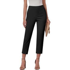 GRAPENT Capri Pants for Women High Waisted Pull On Dress Pants Slim Straight Leg Stretchy Waist Capris Trousers Pants (Large, Black)
