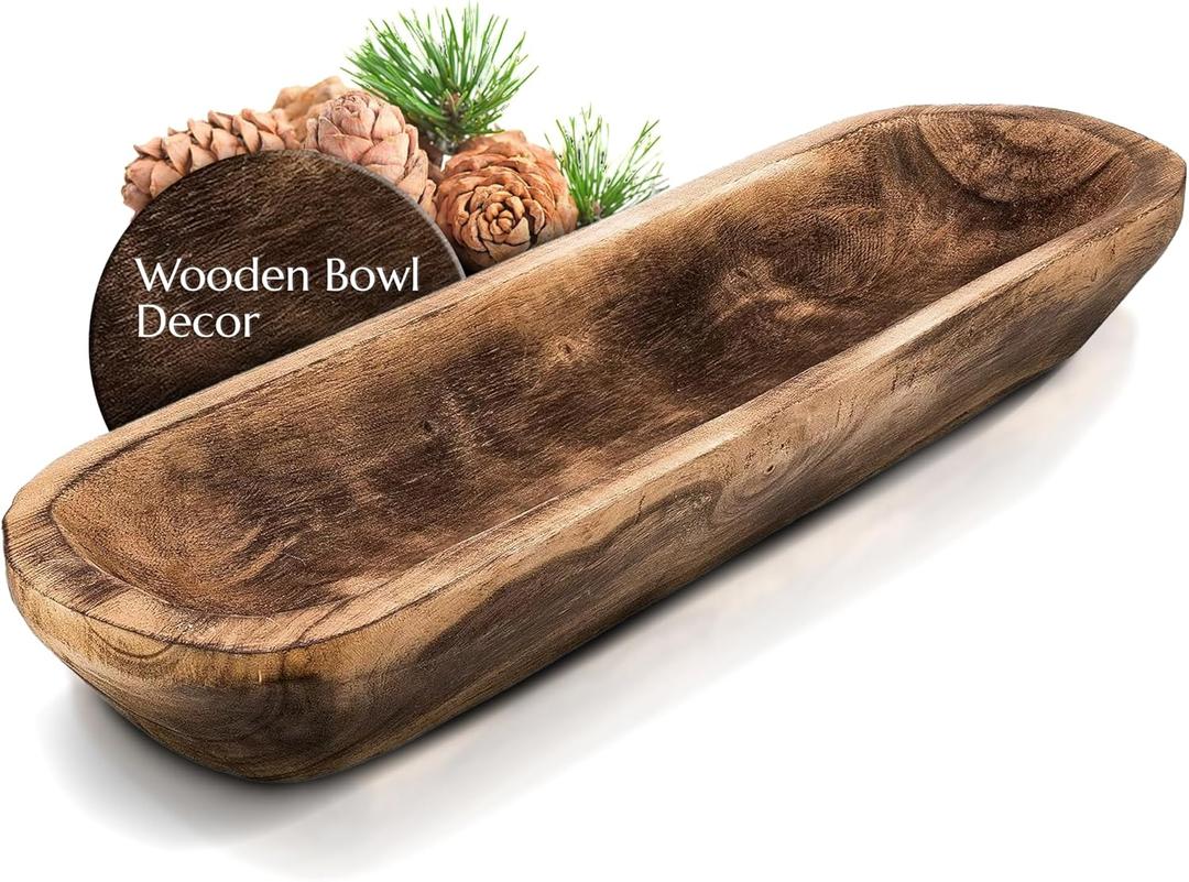 FANDOS Wooden Dough Bowl for Decor - 17 in Long Hand Carved Paulownia, Large Rustic Decorative Bowl for Home Table Centerpiece, Keys, Entryway Table, Catchall Tray & Wooden Dining Room Centerpiece