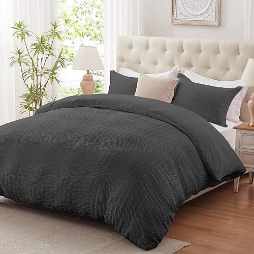 Cozyide Dark Grey Duvet Cover King Size, 3 Pieces Bedding Duvet Covers, Breathable Seersucker Duvet Cover Set with Zipper Closure and Corner Ties (1 Duvet Cover 104"x90" + 2 Pillow Shams 20"x36")