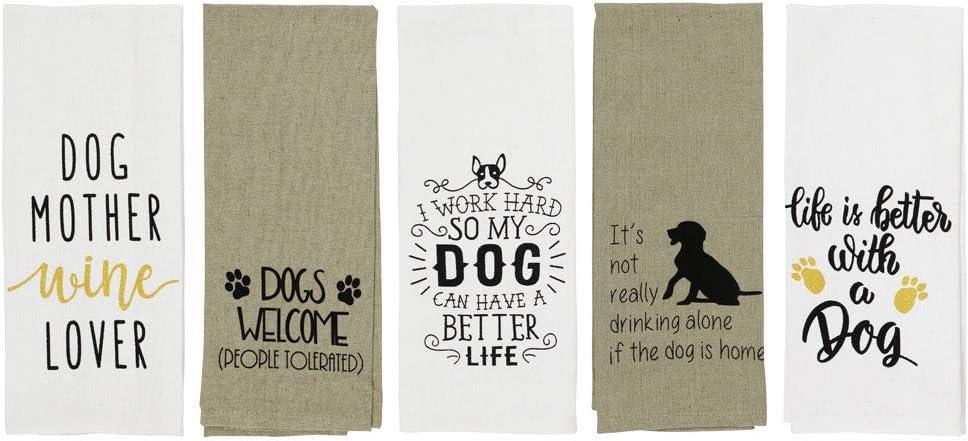 Funny Dog Lover Kitchen Towels  Set of 5 Cotton Flour Sack Dish Towels  Cute Puppy Designs  16 x 28 Gift for Women or Men