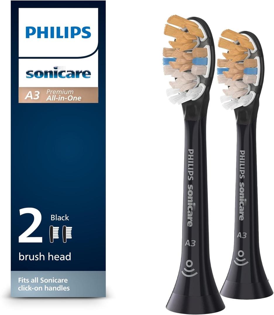 Philips Sonicare Genuine A3 Premium All-in-One Replacement Toothbrush Heads, 2 Brush Heads, Black, HX9092/95 (2 Count (Pack of 1))