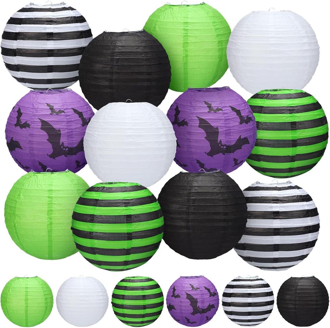Retisee 12 Pieces Halloween Paper Lanterns Party Decorations Hanging Bat Lanterns Purple Black Green 9.84 Inches for Halloween Horror Party Indoor Outdoor Spooky Home Decor Supplies Props