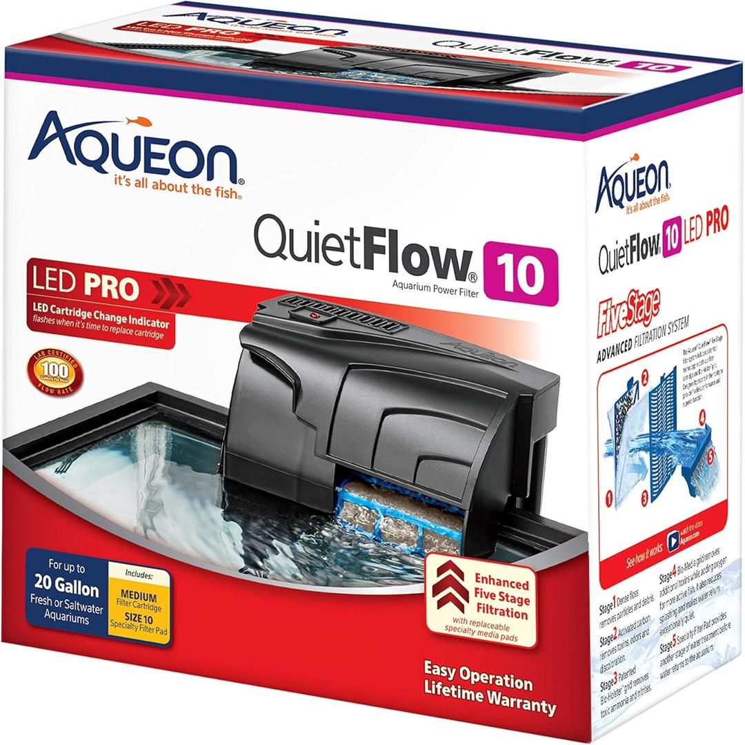 Aqueon QuietFlow 10 LED PRO Aquarium Fish Tank Power Filter For Up to 20 Gallon Aquariums