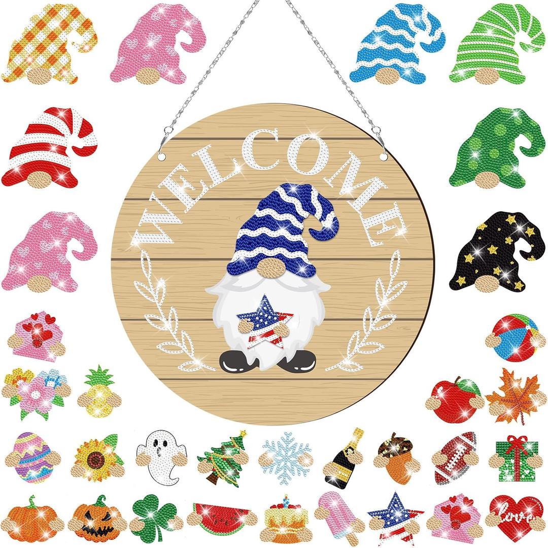 DoubleFill 33 Pcs Magnetic Diamond Art Set Interchangeable DIY Gnome Diamond Painting Decor Detachable Welcome Sign Seasonal Door Hanger Gnome Party Decorations Gift for Home Wall Front Door(Classic)