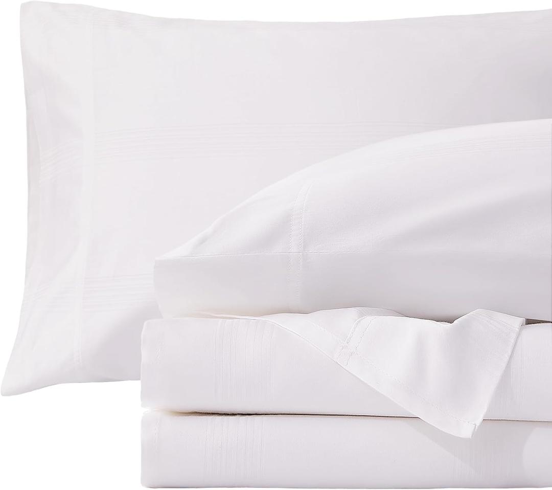 Pure Cotton Sheets - 4 Piece Queen Sheet Set, Soft & Breathable Queen Size Bed Set, Luxury Sateen Stripe Dobby Bedding with Elasticized 16" Deep Pocket Fitted Sheet, Queen,White