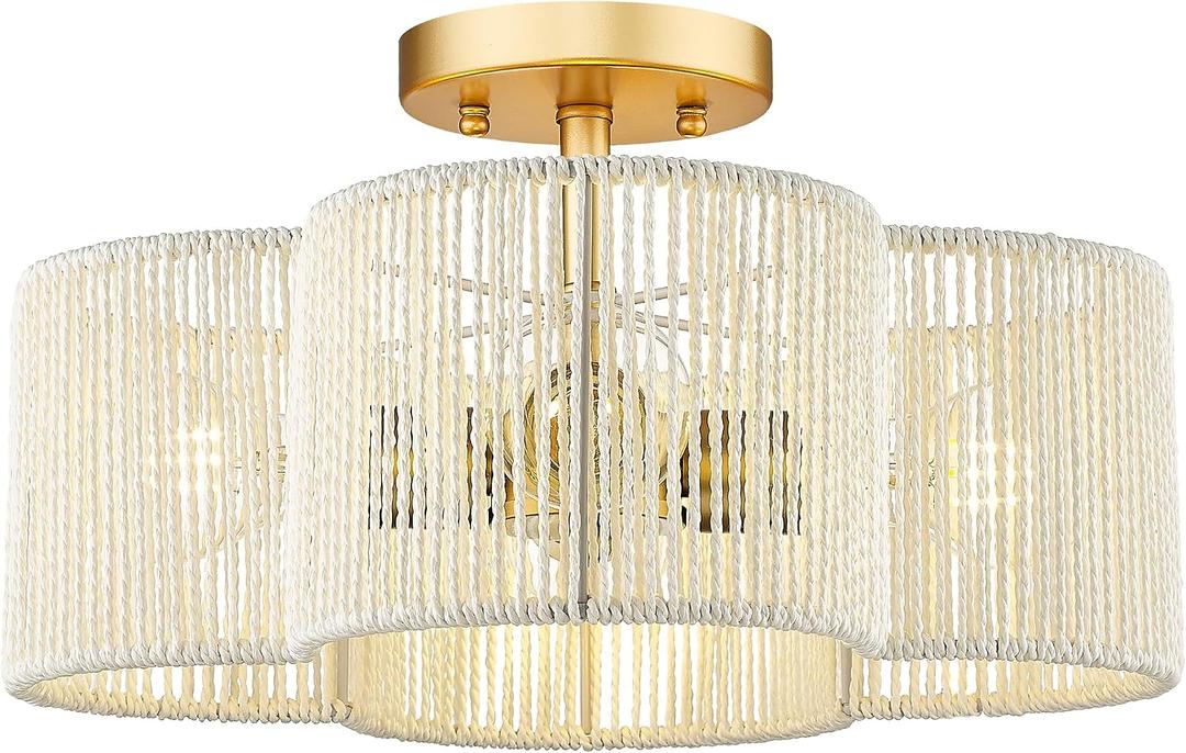 Rattan Light Fixtures Ceiling Mount, 4-Light 14" Boho Semi Flush Mount Ceiling Light with White Hand-Woven Shade in Quatrefoil Shape for Kitchen Nursery Bedroom, Gold, AD-22007-4SF-RA-WH