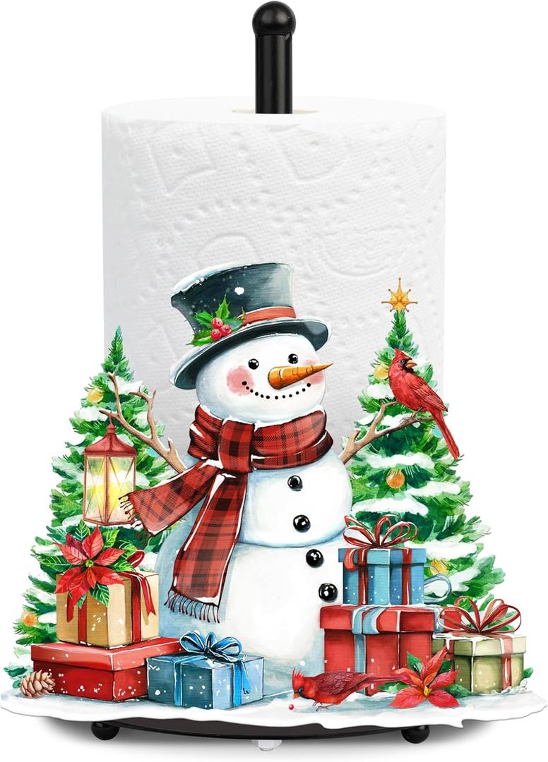 Snowman Paper Towel Holder Stand Christmas Kitchen and Bathroom Countertop Decor Waterproof Metal Paper Towel Rack Red Tissue Stand Set Funny Xmas Gifts for Party (Red, 12.2" L x 7" W)