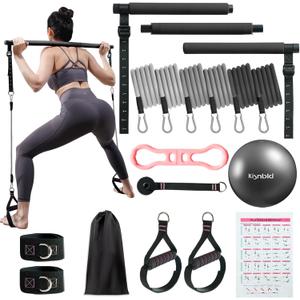 Pilates Bar Kit with Resistance Bands, Multifunctional Pilates Bar with 3 Set Exercise Resistance Bands, Portable Pilates Equipment for Women Home Gym Yoga Workouts (Jet Black)