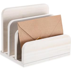 Wooden Mail Holder 3 Slots Mail Organizer for Desk Wood File Paper Letter Sorter for Letter Envelope Filing Cell Phone Document Storage, Organizer Tray for Office and Home (White)