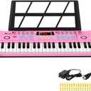 Kids Keyboard 61 Keys, Beginner Electronic Piano with One-Key Teaching 100 Tones & Rhythms, Portable Music Keyboard for Children with Microphone, Music Stand [Pink, Compact]