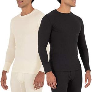 Fruit of the Loom Men's 2-Pack Recycled Waffle Thermal Underwear Crew Top, Black/Natural, X-Large