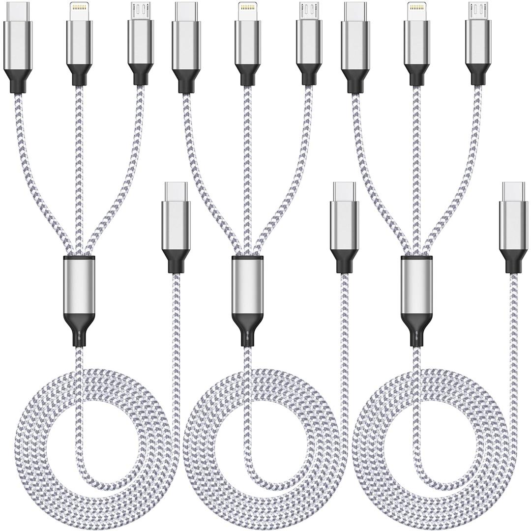 Multi Charging Cable 4ft 3Pack 3 in 1 Charger Cord, Multiple Usb C Port Rapid Nylon Braided Cable USB Charging Cable Multi Phone Charger Cord with Type C Micro Lightning USB Connectors for Cell Phones