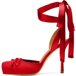 Satin Ballet Heels for Women Closed Square Toe Bow Ballerina Heels Lace Up High Heel Slingback Pumps Strappy Stiletto Mary Janes Elegant Party Shoes (6.5, Red)