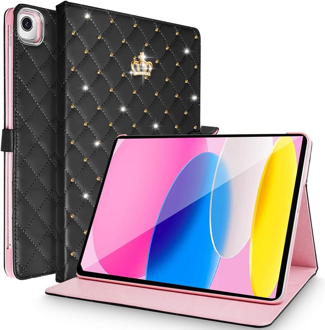 for iPad 10.2 Case 9th/8th/7th Generation (2021/2020/2019), Crown Bling Diamond Cute Elegant PU Leather Smart Auto Sleep/Wake Stand Shockproof Protective Case for Apple iPad 10.2 inch (Black)