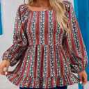 Womens Square Neck Floral Long Sleeve Tops Casual Loose Puff Sleeve Boho Work Blouse T Shirts (Medium, C1004)