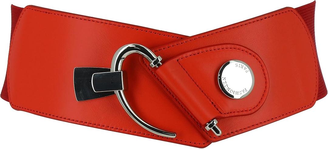 FASHIONGEN - Cowhide leather elastic belt for women, DARLENE (Red)