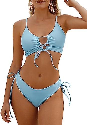 ZAFUL Women's Cheeky Bikini Set 2 Piece Sexy String High Cut Swimsuits Lace Up Tie Side Bathing Suits 2025, S, Sky Blue