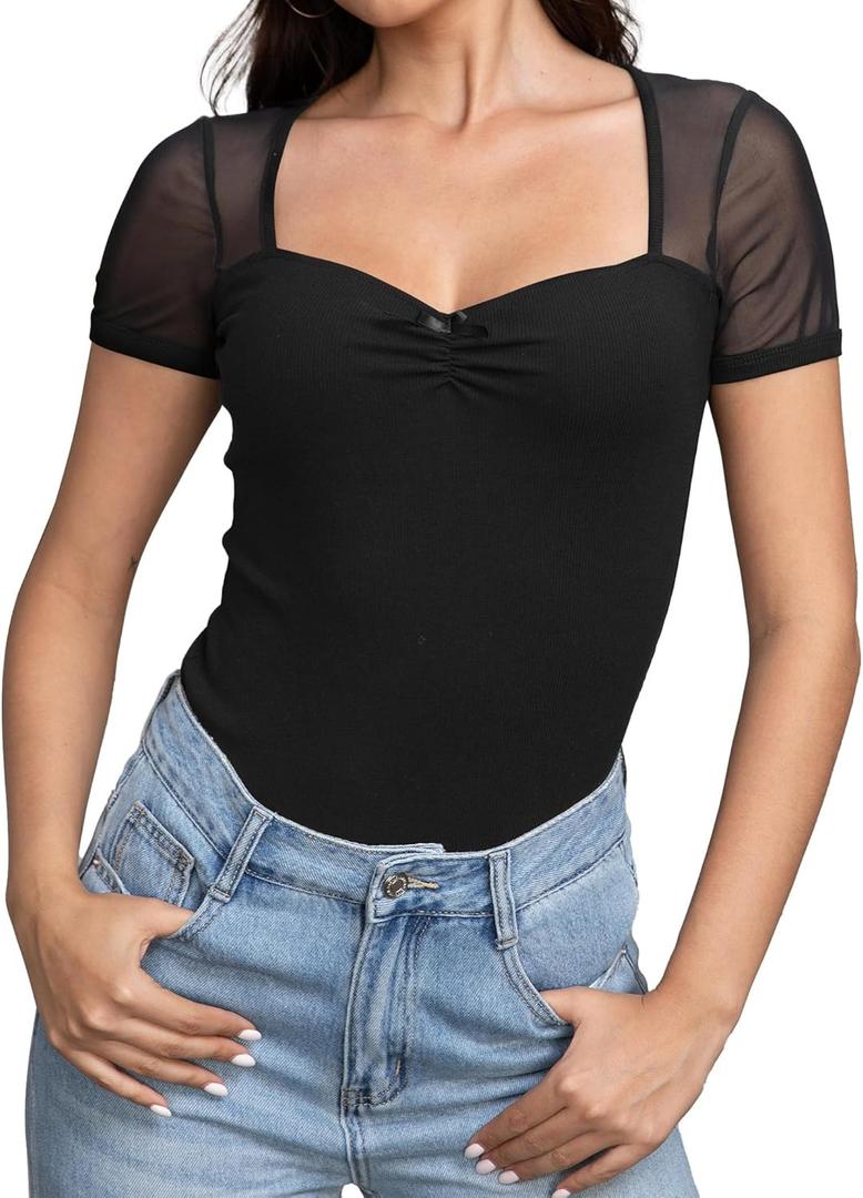Beluring Women Mesh Shirts Going Out Tops Sweetheart Neck Short Sleeve Summer Sexy T-Shirt (Medium, Black)