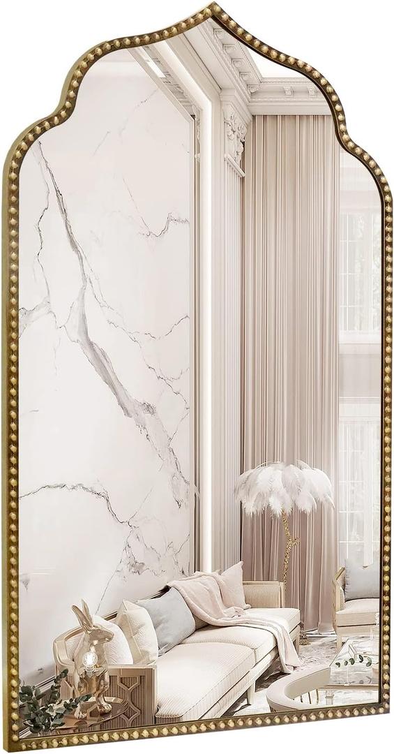 Arch Wall Mirror, 22" W x 38" H Metal Marlowe Beaded Frame Accent Mirror, Large Modern Vintage Gold