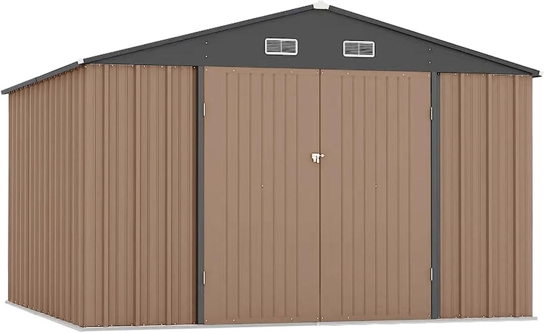 Zstar 12 x 10 FT Outdoor Storage Shed, Metal Steel Utility Tool Shed with Updated Frame Structure & Lockable Double Door, Waterproof Garden Steel for Backyard, Garden, Patio, Brown