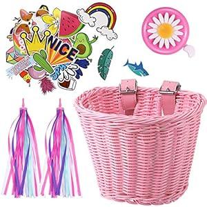 Kid's Bicycle Basket Streamers Set, Unicorn Children's Bike Handlebar Wicker Basket Bike Streamers Bell and Stickers, Bike Basket Front Decoration for Girls (Pink)