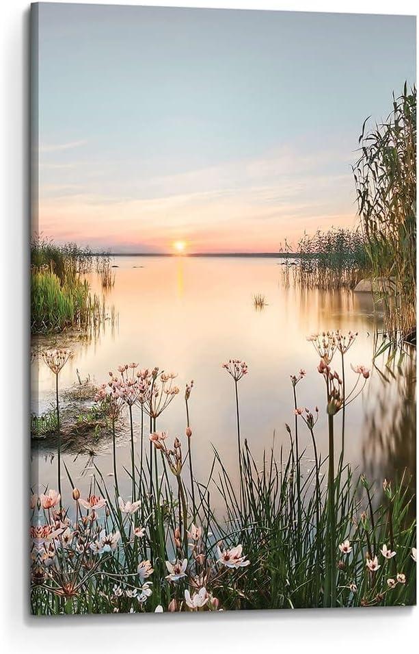 Lake Canvas Landscape Wall Art: Nature Picture Print Vertical Sunset Scene Painting Artwork for Bedroom Living Room Decor (24"L x 16"W)