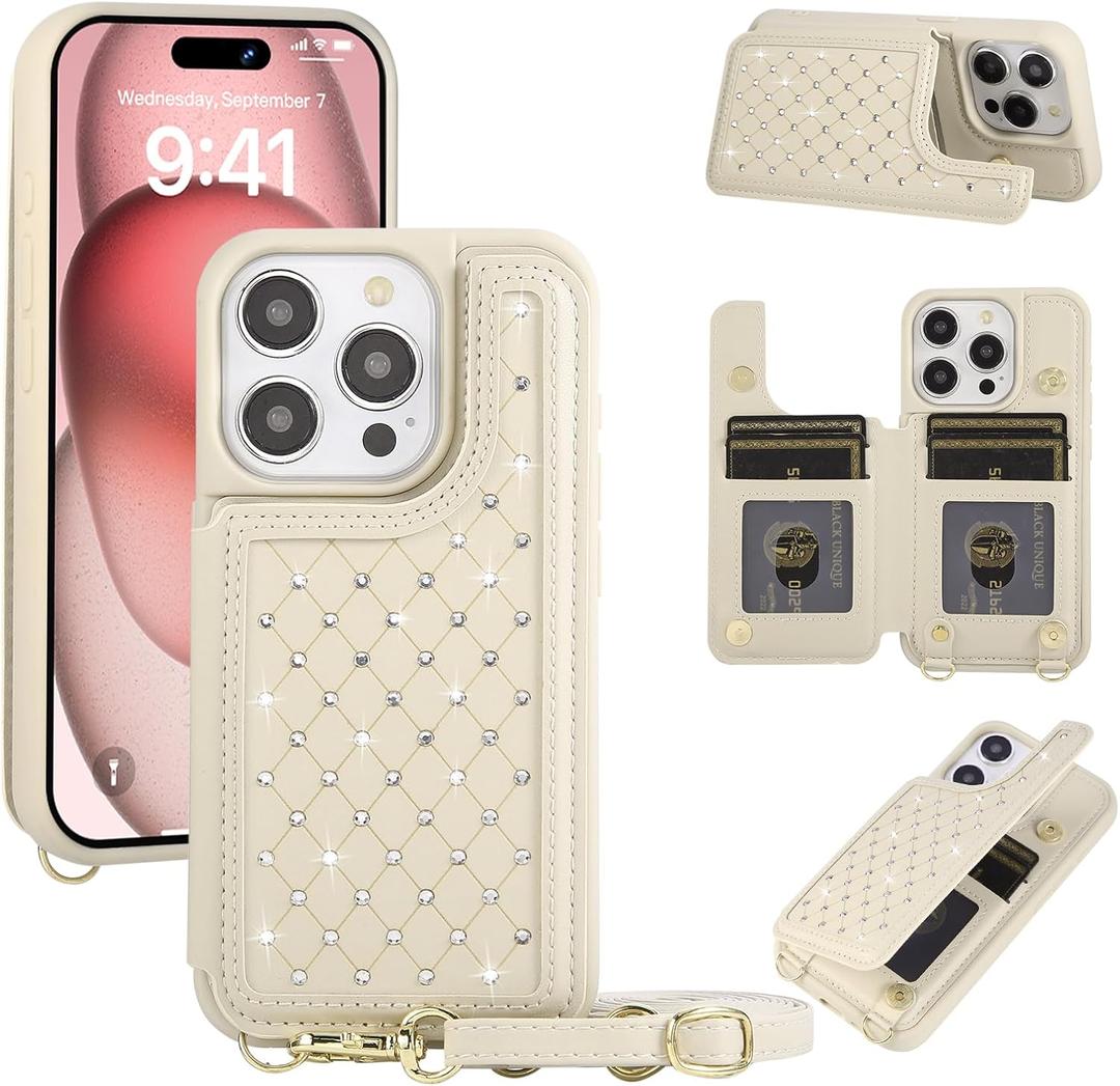 for iPhone 16 Pro Wallet Case with Card Holder Slots and Strap, RFID Blocking Magnetic Flip Folio Cover, Crossbody Purse Protection Case with Kickstand,Beige Diamond