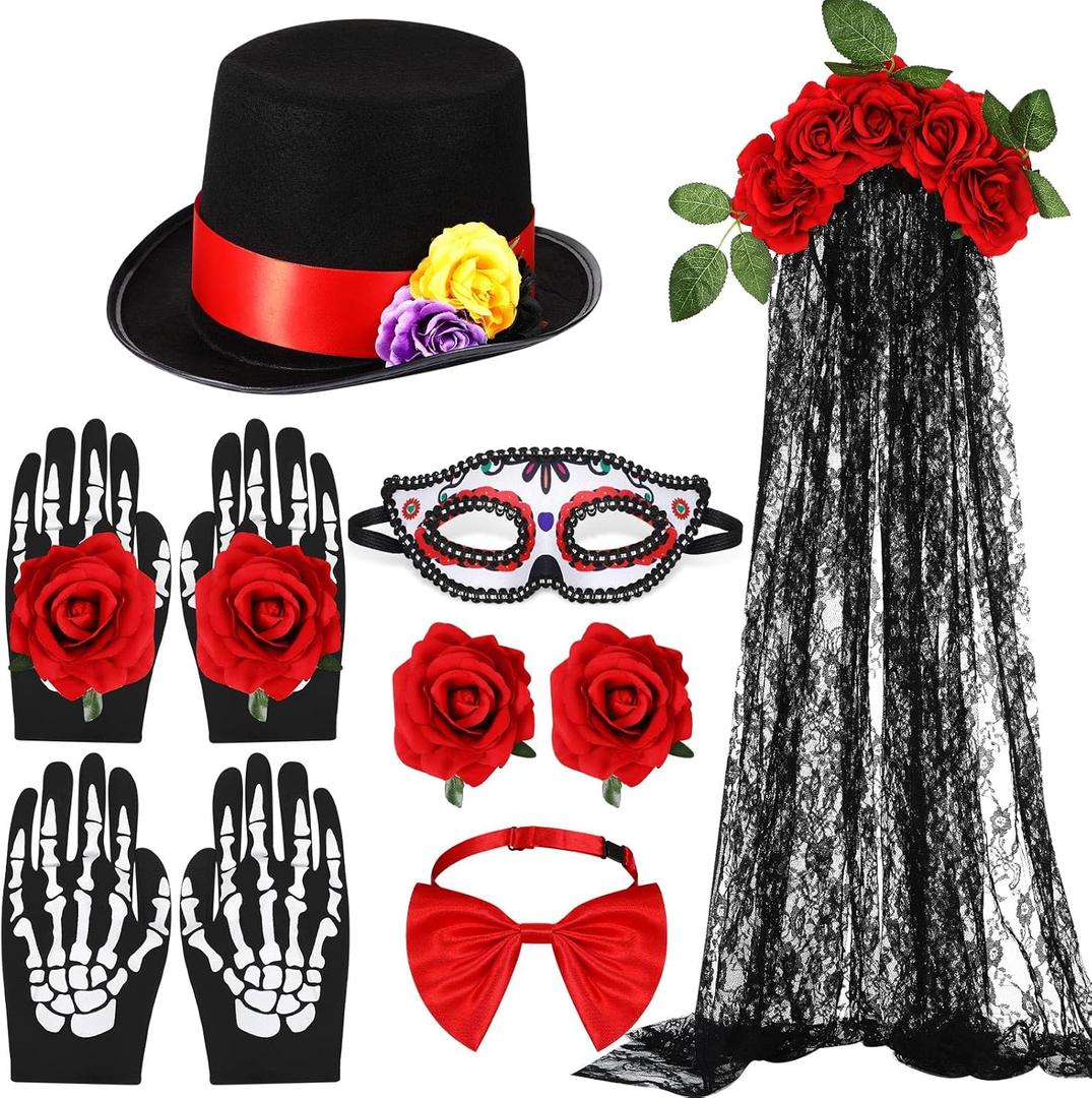 Tigeen 7 Pieces Halloween Day of the Dead Costume Accessories Set for Men and Women Skeleton Rose Couple Costume Skeleton Gloves Men's Hat Bow Tie Rose Floral Crown Veil Hair Clip